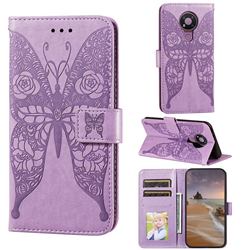 Intricate Embossing Rose Flower Butterfly Leather Wallet Case for Nokia 3.4 - Purple