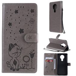 Embossing Bee and Cat Leather Wallet Case for Nokia 3.4 - Gray