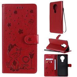 Embossing Bee and Cat Leather Wallet Case for Nokia 3.4 - Red