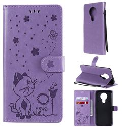 Embossing Bee and Cat Leather Wallet Case for Nokia 3.4 - Purple