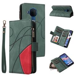 Luxury Two-color Stitching Multi-function Zipper Leather Wallet Case Cover for Nokia 3.4 - Green