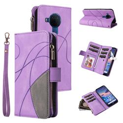 Luxury Two-color Stitching Multi-function Zipper Leather Wallet Case Cover for Nokia 3.4 - Purple