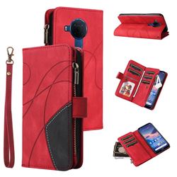 Luxury Two-color Stitching Multi-function Zipper Leather Wallet Case Cover for Nokia 3.4 - Red