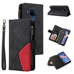 Luxury Two-color Stitching Multi-function Zipper Leather Wallet Case Cover for Nokia 3.4 - Black