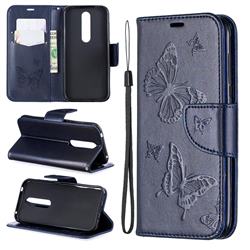Embossing Double Butterfly Leather Wallet Case for Nokia 4.2 - Dark Blue