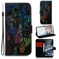 Black Butterfly Laser Shining Leather Wallet Phone Case for Nokia 5.1