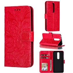 Intricate Embossing Lace Jasmine Flower Leather Wallet Case for Nokia 5.1 Plus (Nokia X5) - Red