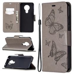 Embossing Double Butterfly Leather Wallet Case for Nokia 5.3 - Gray