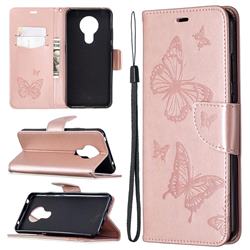 Embossing Double Butterfly Leather Wallet Case for Nokia 5.3 - Rose Gold