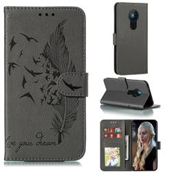 Intricate Embossing Lychee Feather Bird Leather Wallet Case for Nokia 5.3 - Gray