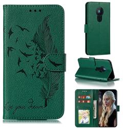 Intricate Embossing Lychee Feather Bird Leather Wallet Case for Nokia 5.3 - Green