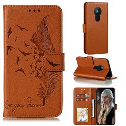 Intricate Embossing Lychee Feather Bird Leather Wallet Case for Nokia 5.3 - Brown