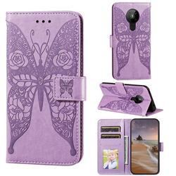 Intricate Embossing Rose Flower Butterfly Leather Wallet Case for Nokia 5.3 - Purple