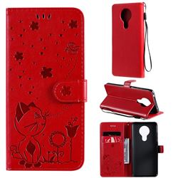 Embossing Bee and Cat Leather Wallet Case for Nokia 5.3 - Red