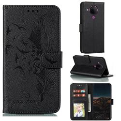 Intricate Embossing Lychee Feather Bird Leather Wallet Case for Nokia 5.4 - Black