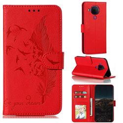 Intricate Embossing Lychee Feather Bird Leather Wallet Case for Nokia 5.4 - Red