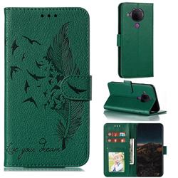 Intricate Embossing Lychee Feather Bird Leather Wallet Case for Nokia 5.4 - Green