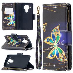 Golden Shining Butterfly Binfen Color BF03 Retro Zipper Leather Wallet Phone Case for Nokia 5.4