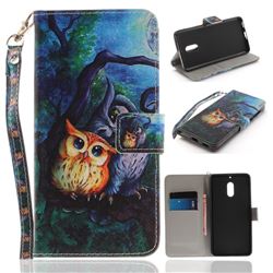 Oil Painting Owl Hand Strap Leather Wallet Case for Nokia 6 Nokia6