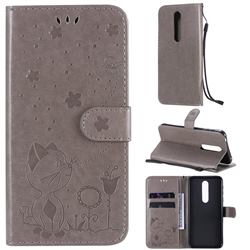 Embossing Bee and Cat Leather Wallet Case for Nokia 7.1 - Gray