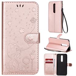 Embossing Bee and Cat Leather Wallet Case for Nokia 7.1 - Rose Gold