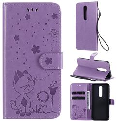 Embossing Bee and Cat Leather Wallet Case for Nokia 7.1 - Purple