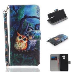 Oil Painting Owl Hand Strap Leather Wallet Case for Nokia 7 Plus