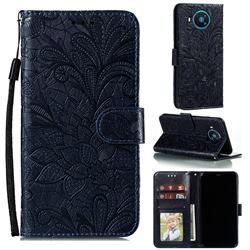 Intricate Embossing Lace Jasmine Flower Leather Wallet Case for Nokia 8.3 - Dark Blue