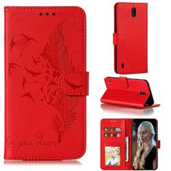 Intricate Embossing Lychee Feather Bird Leather Wallet Case for Nokia C1 - Red