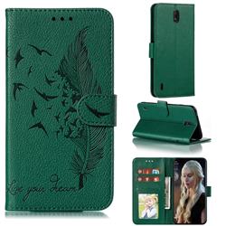 Intricate Embossing Lychee Feather Bird Leather Wallet Case for Nokia C1 - Green