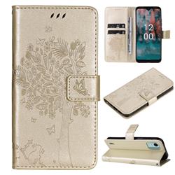 Embossing Butterfly Tree Leather Wallet Case for Nokia C12 - Champagne