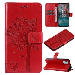 Embossing Butterfly Tree Leather Wallet Case for Nokia C12 - Red