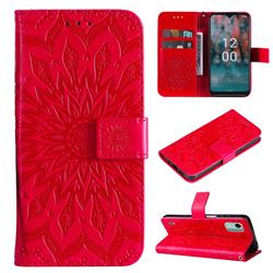 Embossing Sunflower Leather Wallet Case for Nokia C12 - Red