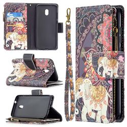 Totem Flower Elephant Binfen Color BF03 Retro Zipper Leather Wallet Phone Case for Nokia C1 Plus