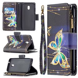 Golden Shining Butterfly Binfen Color BF03 Retro Zipper Leather Wallet Phone Case for Nokia C1 Plus
