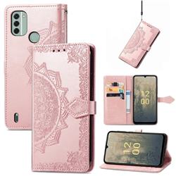 Embossing Imprint Mandala Flower Leather Wallet Case for Nokia C31 - Rose Gold