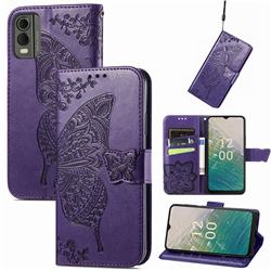 Embossing Mandala Flower Butterfly Leather Wallet Case for Nokia C32 - Dark Purple