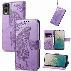 Embossing Mandala Flower Butterfly Leather Wallet Case for Nokia C32 - Light Purple