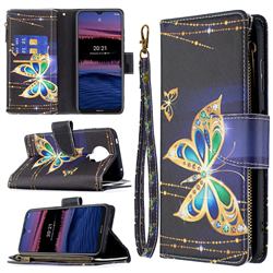 Golden Shining Butterfly Binfen Color BF03 Retro Zipper Leather Wallet Phone Case for Nokia G20
