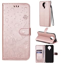 Embossing Bee and Cat Leather Wallet Case for Nokia G20 - Rose Gold