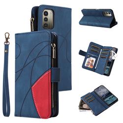 Luxury Two-color Stitching Multi-function Zipper Leather Wallet Case Cover for Nokia G21 - Blue