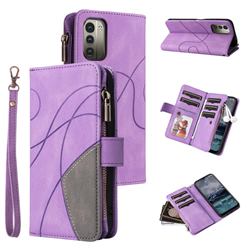 Luxury Two-color Stitching Multi-function Zipper Leather Wallet Case Cover for Nokia G21 - Purple
