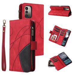 Luxury Two-color Stitching Multi-function Zipper Leather Wallet Case Cover for Nokia G21 - Red