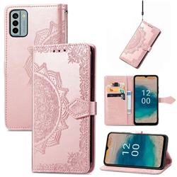 Embossing Imprint Mandala Flower Leather Wallet Case for Nokia G22 - Rose Gold