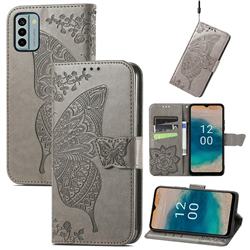 Embossing Mandala Flower Butterfly Leather Wallet Case for Nokia G22 - Gray