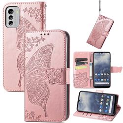 Embossing Mandala Flower Butterfly Leather Wallet Case for Nokia G60 - Rose Gold