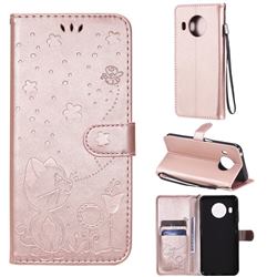 Embossing Bee and Cat Leather Wallet Case for Nokia X10 - Rose Gold