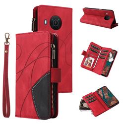 Luxury Two-color Stitching Multi-function Zipper Leather Wallet Case Cover for Nokia X10 - Red
