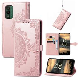 Embossing Imprint Mandala Flower Leather Wallet Case for Nokia XR21 - Rose Gold