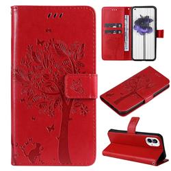 Embossing Butterfly Tree Leather Wallet Case for Nothing Phone 1 - Red